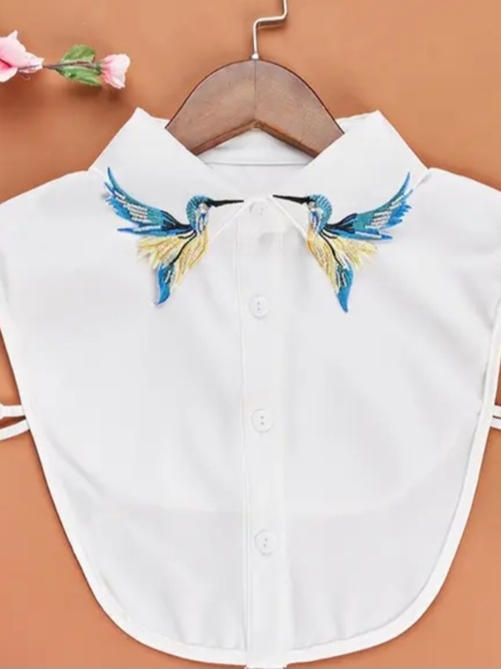 Embroidered Bird Detachable Shirt Collar - White with Blue & Yellow Birds